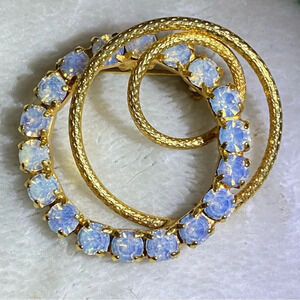 Vintage Rhinestone Opalite Gold Tone Circle Brooch